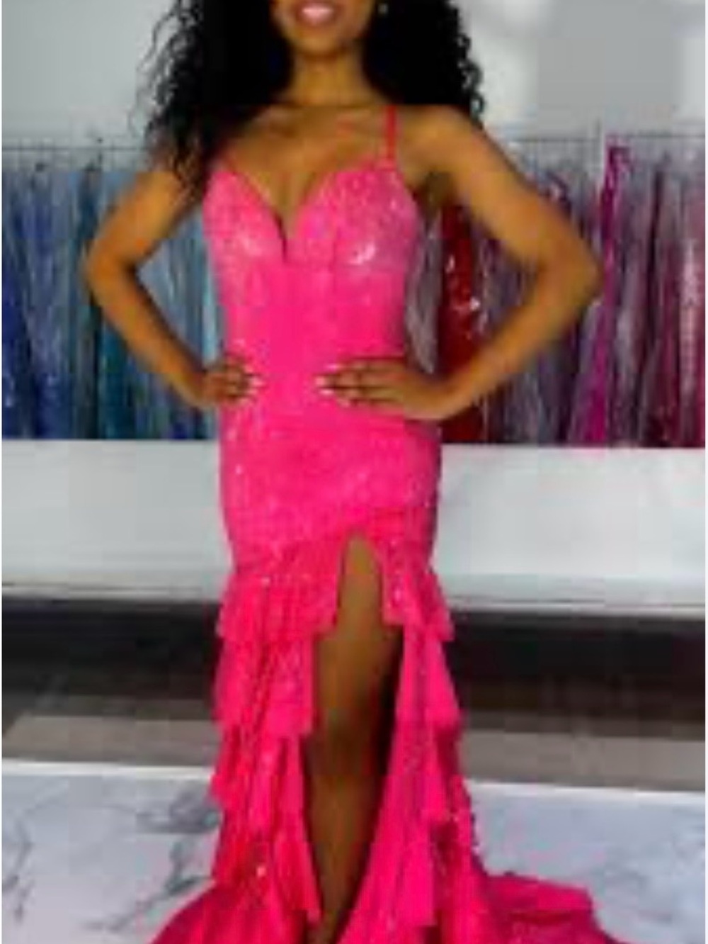 Sparkling Hot Pink Sequin Mermaid Prom Dress with High Slit